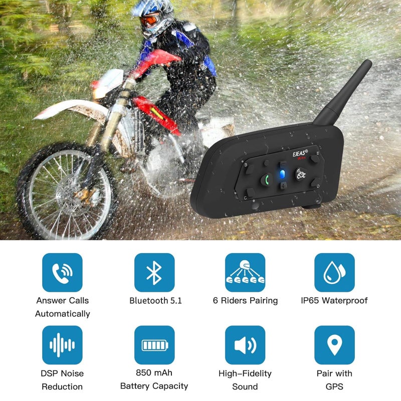 EJEAS V6 Pro Motorcycle Helmet Bluetooth Intercom, 2-Way 1200M Motorcycle Bluetooth Headset Universal Communication System with Noise Cancellation and Waterproof for Dirt Bike/ATV/Snowmobile (2PCS) - Image 2